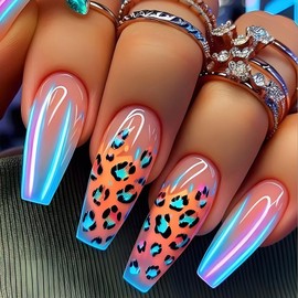 Laser Press on Nails Long Coffin Fake Nails with Leopard Print French Design Colorful Stick on Nails Cute Glue on Nails Glossy Full Cover Artificial Acrylic False Nails Reusable Nails Kit for Women
