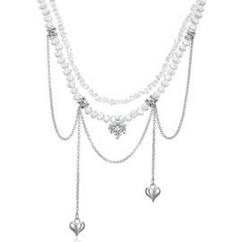 KURTCB Crystal Beaded Heart Necklace Y2k Layered Rhinestone Beads Fringe Collarbone Choker Necklace for Women (Style 1)