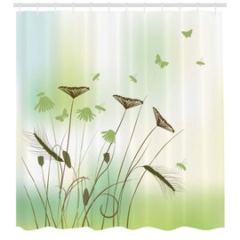 Ambesonne Butterfly Shower Curtain, Silhouette of Dragonflies Bees Butterflies Flying All Over The Flowers Spring Theme, Cloth Fabric Bathroom Decor Set with Hooks, 75" Long, Green