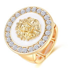 Aononu Hip Hop Adjustable Band Statement Lion Head Ring Women Gold-plated Sparkly Crystal Chunky Ring Cocktail Club Party Costume Jewelry (White-02)