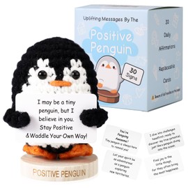 Positive Penguin, Soft Magnetic Crochet Penguin with Wooden Base and 30pcs Cards Knitted Animals Ideal Emotional Plush Support Gifts and Table Decor for Birthday Anniversary Xmas
