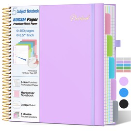 5 Subject Notebook College Ruled,80GSM Paper Thick Hardcover Spiral Notebook Lined Journal with Removable Dividers Tabs,400pages 8.5"x11" Paper Large Notebooks for School Work,3-Hole Punched, Purple
