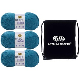 Lion Brand Basic Stitch Anti-Pilling Turquoise Heather 202-405 (3-Skeins - Same Dye Lot) Worsted Medium #4 Acrylic Yarn for Crocheting and Knitting with Project Bag