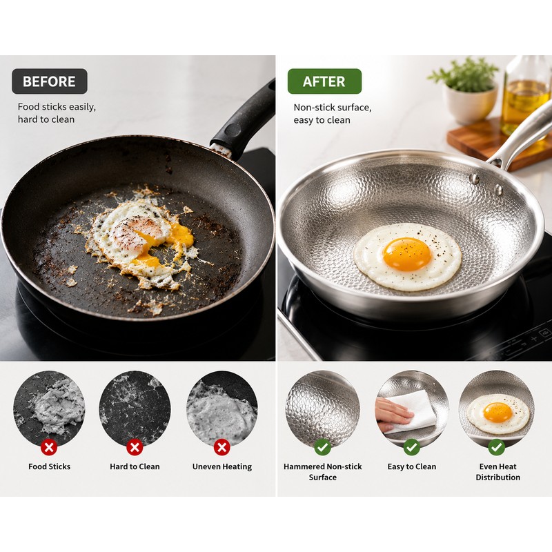 32cm Titanium Stainless Steel Frying Pan Non-stick Wok Skillet with