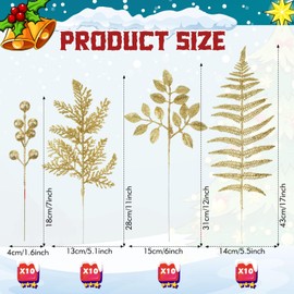 Moucuny 40 Pcs Christmas Glitter Artificial Picks Set Christmas Leaf Sprays Cedar Picks Glitter Berries Stems Tropical Leaf Pine Needles Christmas Stems Branches for Christmas Tree Vase Home(Gold)