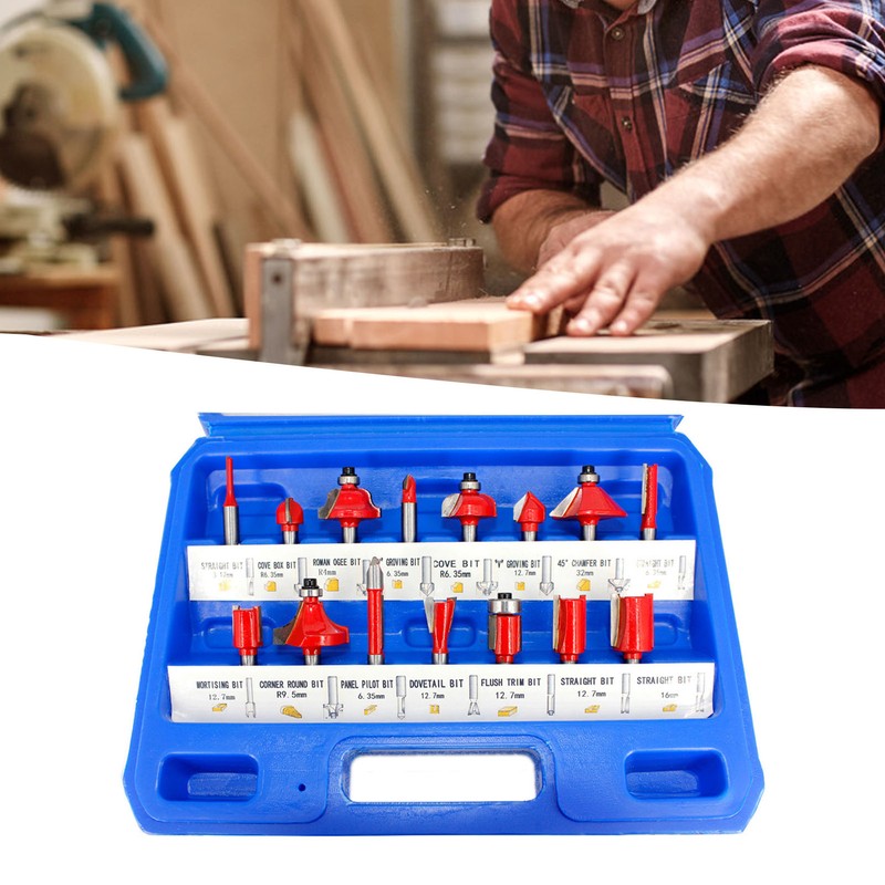 15Pcs Router Bit Set 1/4in Shank Carbide Trimmer Engraving Machine