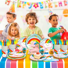 Rainbow Birthday Party Supplies, 141pcs Rainbow Plates and Napkins Party Supplies Pastel Rainbow Party Plates Cups Napkins Table Cloths etc Rainbow Birthday Tableware for Girls Birthday, Serves 20