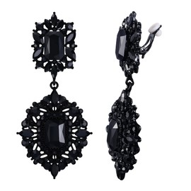 Flyonce Wedding Bridal Clip-on Earrings Art Deco Vintage Style Drop Dangle Chandelier for Women Jewerly Black Black-Tone