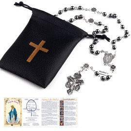 HanlinCC Catholic Rosary Necklace with Miraculous Medal and Pardon Crucifix with PU Leather Rosary Pouch and Pray Card for Men and Women (Hematite)