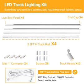 VANoopee Plug in Track Lighting with Power Cord, 12-Light GU10 Track Lighting Kit with 13FT H Type Rails, Modern Kitchen Track Lighting Fixtures Ceiling Spot Light, White (No Bulbs)