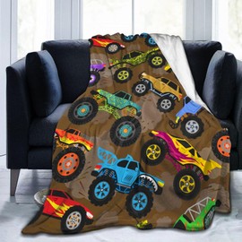 Cool Monster Cartoon Trucks Car Throw Blanket Soft Bed Bedding Warm Cozy Plush Flannel Fleece Blankets Gifts for Kids Boys Teens Men, Sofa Couch Bedroom Home Decor, 60"x50"