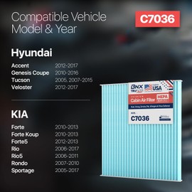 BNX TruFilter C7036 Cabin Air Filter, HEPA 99.97%, Compatible With Hyundai Accent, Genesis Coupe, Tucson, Veloster, Kia Forte, Forte Koup, Forte5, Rio, Rio5, Rondo, Sportage