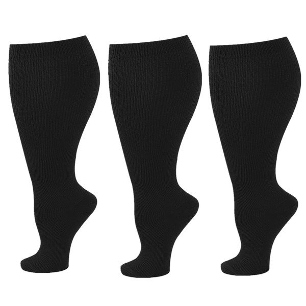 Zingso Wide Calf Compression Socks for Men and Women 2 Pairs Plus Size Extra Large Support Socks Stockings Reduces Swelling and Pain for Nurses Running Pregnancy Travel Flight 20-25mmHg, 3 Pairs Black