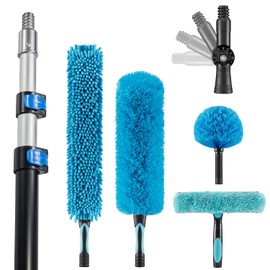 Hicavar 25 Foot High Ceiling Fan Duster with 6-18 Foot Extension Pole, Extendable Reusable Cobweb, Feather, Window Cleaning Squeegee Kit