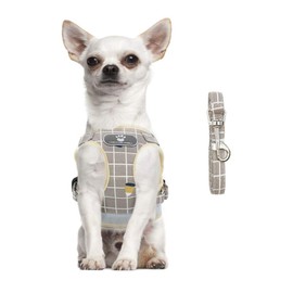 FEimaX Soft Mesh Dog Harness and Leash Set for Walking, No Pull Adjustable Reflective Puppy Step-in Vest Harness for Puppy Small Medium Dogs & Cats (M (Chest 13.7-15.7''/35-40CM), Plaid Khaki)