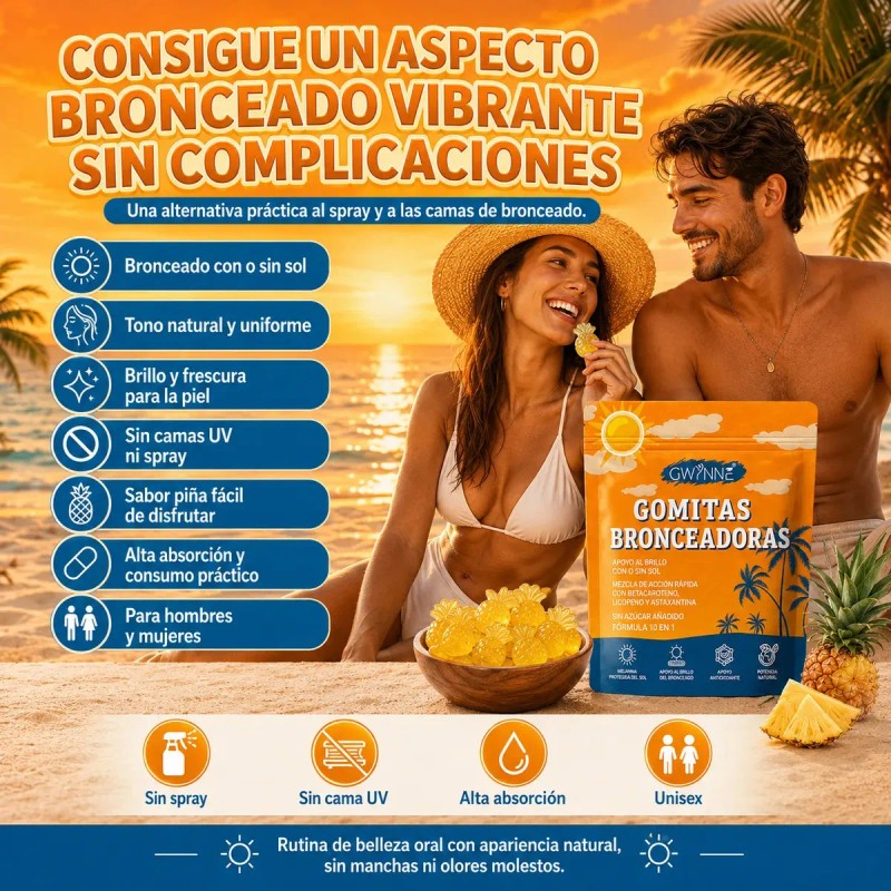 Gwynne Tanning Gummies Mujeres Hombres Astaxantina Licopeno Colágeno Vitaminas Radiancia