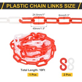 sourcing map Plastic Chain Links, 1.9-Inch 10 Foot Plastic Barrier Chain Safety Chains Safety Barrier Chains with S-hooks for Crowd Control Queue Line Fence Gate Decoration, Red/White