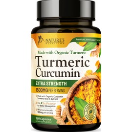 Turmeric Curcumin Supplement 1500mg - Organic Tumeric & BioPerine Black Pepper for Best Absorption with 95% Curcuminoids, Nature's Joint & Immune Support, Non-GMO, Bottled in USA - 360 Capsules
