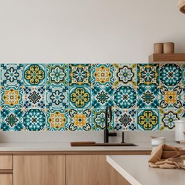 meihea 30Pcs Bohemian Self-Adhesive Wall Sticker, Floral Pattern, Peel and Paste, Waterproof Living Room Kitchen Bedroom Wall Sticker, Tile Wall Sticker, Home Wall Decor, 4x4 Inch