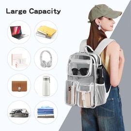 Cusangel Clear Backpack for Men Women TPU Large Heavy Duty See Through Transparent bookbag for Sport Event,Stadium Events (16 in-Grey)