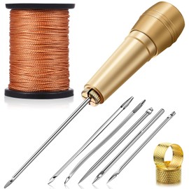 WILLBOND 6 Pieces Canvas Leather Sewing Awl Needle with Copper Handle, 50 m Nylon Cord Thread and 2 Pieces Thimble for Handmade Leather Sewing Tools Shoe and Repair