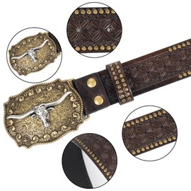 KorhLeoh Western-Leather-Belt Vintage-Cowgirl-Cowboy-Embossed-Buckle-Belt Floral-Engraved-Country-Belt for Men Women