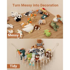 iKeelo Teddy Hammocks, Corner Toy Storage Net for Stuffed Animals, Boho Style Nursery Hanging Organizer for Kids Bedroom and Playroom, Beige