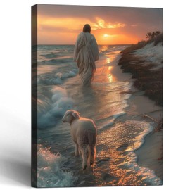 Framed Canvas Jesus and the Lamb Walking on the Beach Wall Decor Wall Art Gallery Decor Unique Print Wall Decor for Living Room Bedroom Church Home Decor 12x16 Inch Ready to Hang