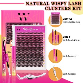 Lash Extension Kit 280PCS Eyelash Clusters 50D DIY Eyelash Extension Individual Lashes Natural Lash Clusters Kit with Lash Bond and Seal, Remover and Tweezers(D-Mix9-16mm)