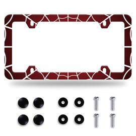 Red White Spider Webs Pattern Funny License Plate Frame Cool Stainless Steel Car Plate Accessory Decor with 4 Holes Screws 12.3" x 6.3" Fit All Vehicle Standard Size