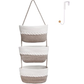 ililmmoe Over Door Hanging Basket for Organizing 3 Tiers Woven Cotton Rope Wall Mount Storage basket Decorative Kitchen Hanging Organizer Bathroom,Bedroom,Baby Room include 1door hook (Mixed Brown)