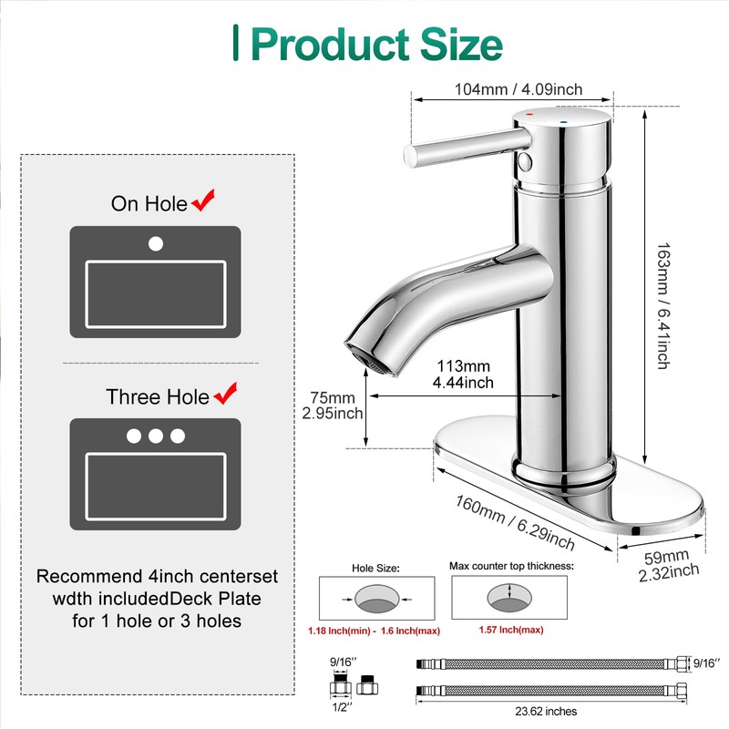VOTON Modern Bathroom Faucet Chrome Single Handle One Hole Sink