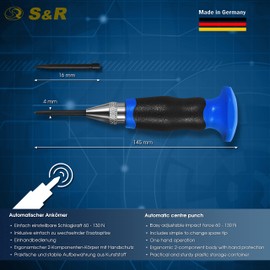 S&R Automatic Centre Punch Set, Spring-Loaded with Adjustable Thrust 60-130N - Made in Germany - with Spare Tip
