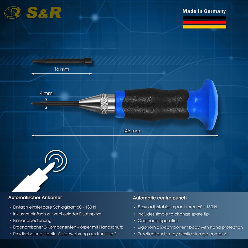 S&R Automatic Centre Punch Set, Spring-Loaded with Adjustable Thrust 60-130N