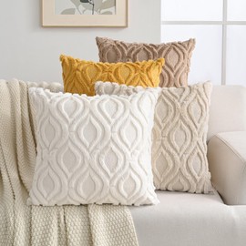 Volcanics Set of 4 Neutral-Maillard-Decorative-Throw-Pillow-Covers 18x18 Inch (45x45cm), Soft Plush Faux Wool Couch Pillow Covers for Home, Modern Farmhouse, Boho, Rustic Style