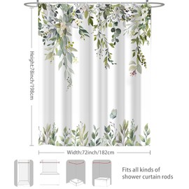 CTOTSYC Cortina de ducha de eucalipto, hojas de acuarela verdes con decoración de baño botánica floral, juego de cortina de baño de tela impermeable con ganchos, 72 x 78 pulgadas