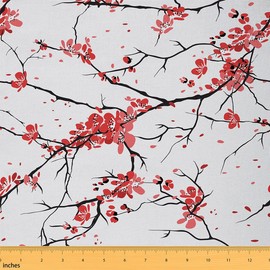 Erosebridal Cherry Blossom Fabric by The Yard, Japanese Style Upholstery Fabric, Romantic Floral Decorative Fabric, Watercolor Flower Branch Fabric, Upholstery and Home Accents, Red Black, 1 Yard