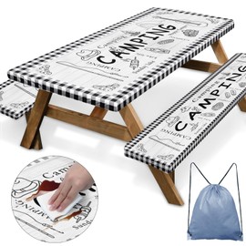 Britown Picnic Table Cover with Bench Covers Elastic Edges, Farm Plaid Fitted Table Cover, Outdoor Patio Camping Essentials 60 Inch 3PCS, Waterproof Camping Fitted Tablecloth with Drawstring Bag