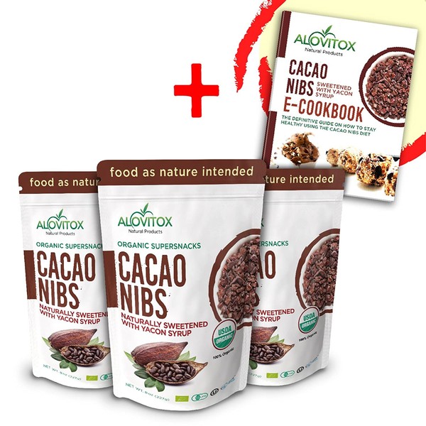 Cacao Nibs Naturally Sweetened with Yacon Syrup | Raw Organic, Sugar Free, Keto, Paleo and Vegan Friendly | Antioxidant and Protein Rich Criollo Chocolate Snack by Alovitox | 24 oz (3 x 8 oz)