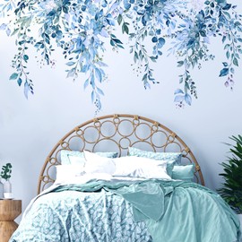 VePret Blue Plants Leaves Wall Decals Peel and Stick, Large Floral Flowers Vinyl Wall Stickers, Removable Vine Home Decor Art for Bedroom Living Room Classroom Office
