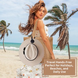 DOINEUFL Magnetic Hat Clips for Travel on Bag, Leather Hat Holder Clip for Bag, Strong Magnetic Hat Bag Clip for Sun Hats, Hands-Free Hat Carrier for Holiday & Beach (Khaki)