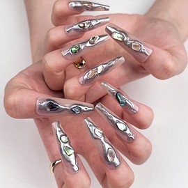 24PCS Y2k Coffin Press on Nails Long Fake Nails with 3D Gem Design Black Rhinestone False Nails Full Cover Glossy Glue on Nails for Women Stick on Nails Finger Manicure