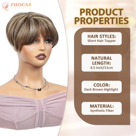 PHOCAS Short Hair Toppers for Women with Thinning Hair Highlight Brown Synthetic Hair Toppers Fluffy Clip In Hair Piece