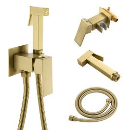 SHAMANDA Warm Water Bidet Sprayer for Toilet with Hot and Cold Brass Rough-in Valve, Stainless Steel Handheld Bidet Attachment Set for Feminine, Pets and Baby Diaper Wash, Brushed Gold, BDS08-3