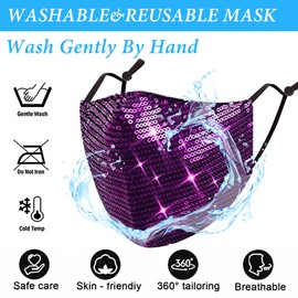 Sparkly Sequins Mouth Masc Fashion Designer Glitter Cotton Face Cover With Adjustable Ear Loops Reusable Masquerade Party Nightclub Rave Festival Sequins Face Covering (Purple)