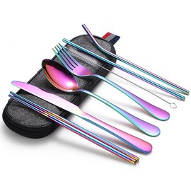 AIMALL 8-Piece Stainless Steel Portable Dinnerware Set with Multi-Coloured Cutlery Bag for Travel, Camping, Picnic & Office, Durable & Dishwasher Safe