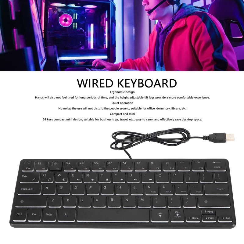 64 Keys RGB Backlit Keyboard USB Wired Gaming Keyboard Portable