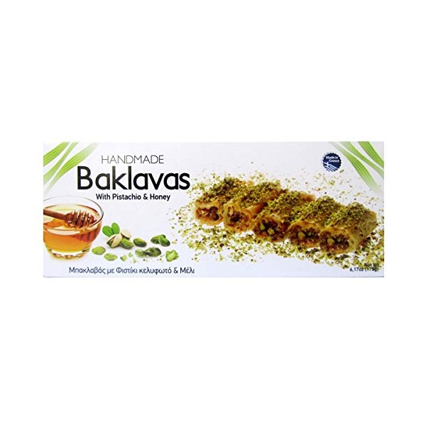 Handmade Baklavas - All Natural - Choose Your Favorite Filling - Imported from Greece - Candianuts - 6.17 oz box with 5 pieces (With Honey & Pistachio)