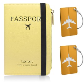 HNOOM Passport Cover, Premium PU Leather Passport Cover with RFID Blocker, 1 x Passport Organiser and 2 x Suitcase Tags, Protective Cover for Credit Cards, ID and Travel Documents, yellow, Minimalist