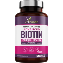Biotin Hair Growth Supplement 12,000mcg, 180 Vegan Capsules not Biotin Tablets for Hair Skin and Nails with Coconut Oil, Vitamin C & Folic Acid, Vitamin B7 for Men and Women - Made in UK by YrHealth